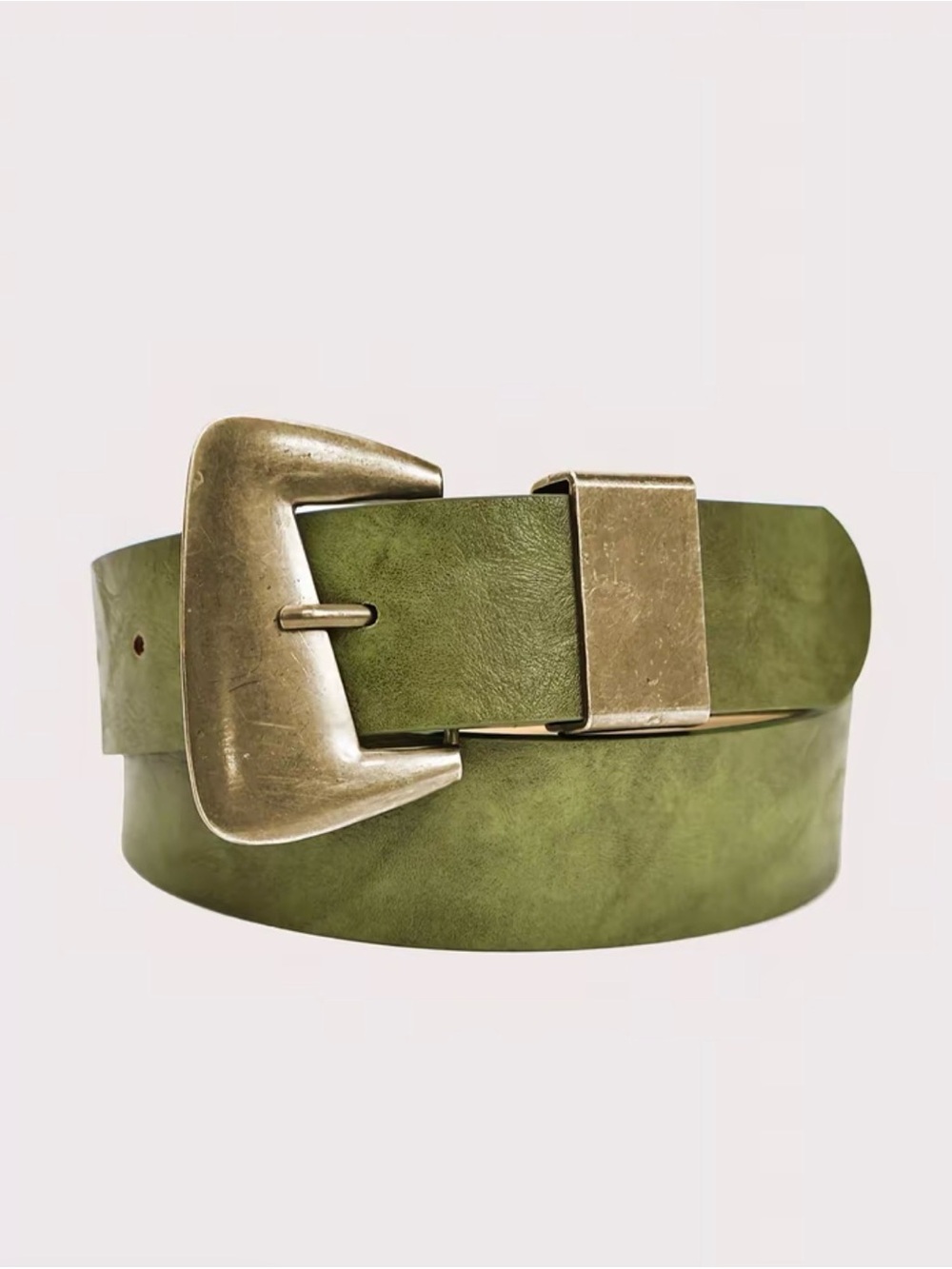 Olive Green Leather Women’s Belt with Antiqued Brass Buckle